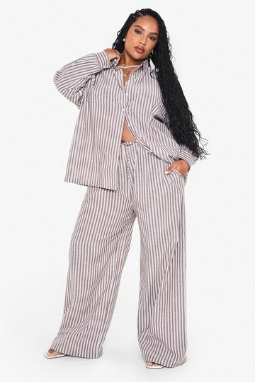 Plus Oversized Gestreepte Blouse En Broek Set mocha