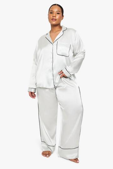 Plus Contrast Piping Satin Long Sleeve Pyjama Shirt And Trouser Set slate blue