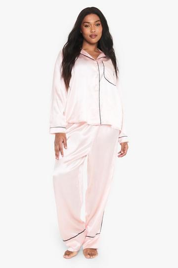 Plus Contrast Piping Satin Long Sleeve Pyjama Shirt And Trouser Set pink