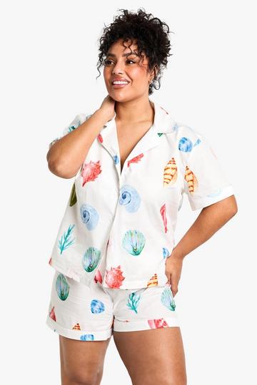 Plus Shell Printed Poplin Short Sleeve Pyjama Shorts Set multi