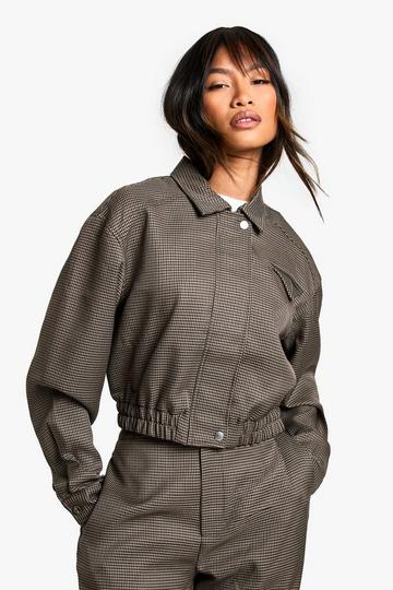 Chocolate Brown Tonal Check Tailored Bomber Jacket