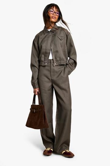 Tonal Check Wide Leg Tailored Trousers chocolate