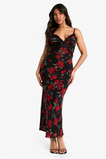 Floral Print Lace Trim Maxi Dress black