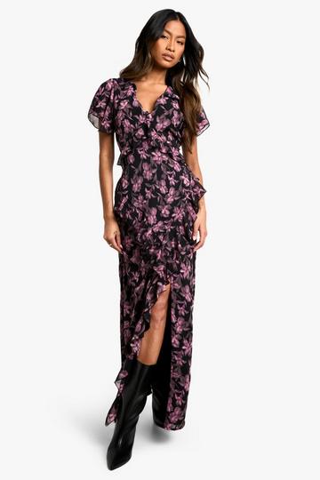 Floral V Neck Split Maxi Dress black