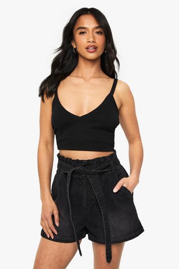 Petite Paper bag Waist Denim Short washed black