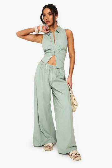 Petite Cotton Poplin Wide Leg Trouser sage