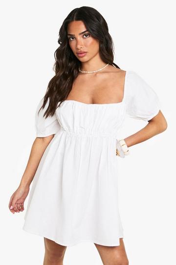 Petite Linen Puff Sleeve Smock Mini Dress white