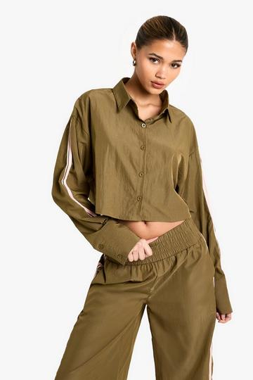 Side Stripe Woven Crop Shirt khaki