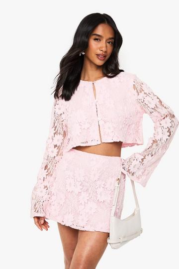 Petite Crochet Long Sleeve And Mini Skirt Co ord pink