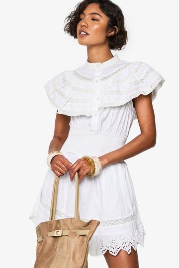 White Tall Layered Frill Button Detail Mini Dress