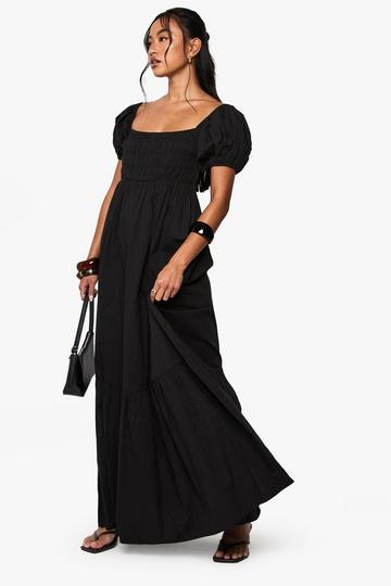 Black Cotton Poplin Puff Sleeve Maxi Dress