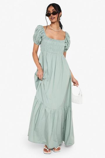 Sage Green Cotton Poplin Puff Sleeve Maxi Dress