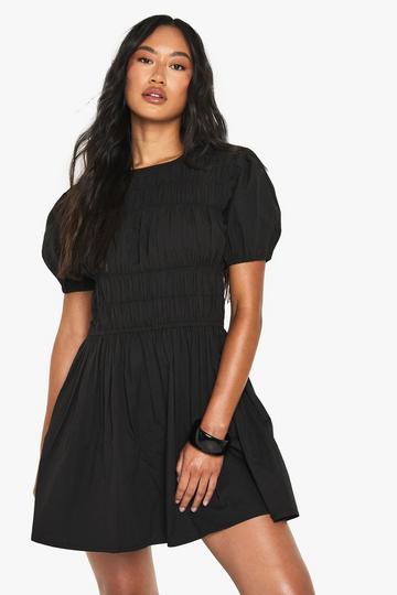 Cotton Poplin Shirred Mini Dress black