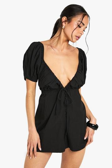 Cotton Poplin Puff Sleeve Playsuit black