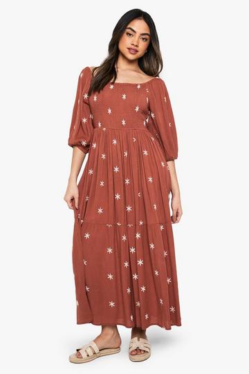 Embroidered Cheesecloth Shirred Midaxi Dress rust