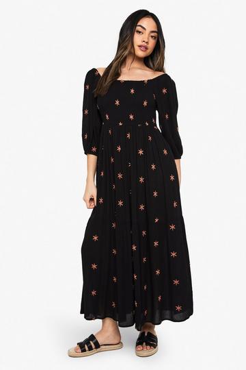 Embroidered Cheesecloth Shirred Midaxi Dress black