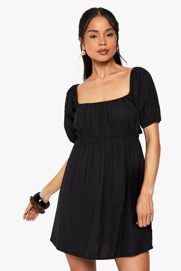 Linen Puff Sleeve Smock Mini Dress black