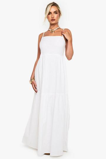Tiered Linen Strappy Maxi Dress white