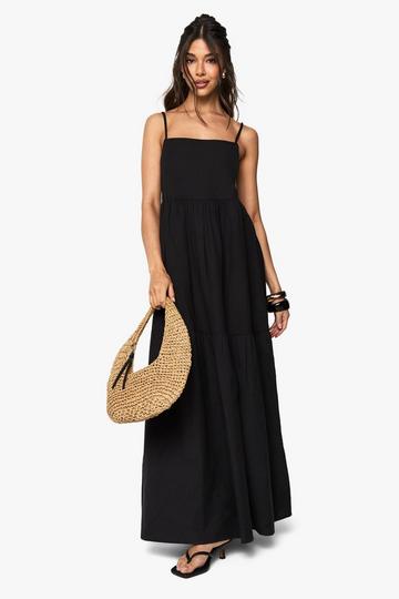 Tiered Linen Strappy Maxi Dress black