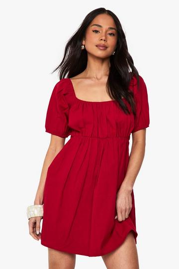 Linen Puff Sleeve Smock Mini Dress red