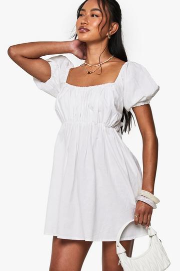 Linen Puff Sleeve Smock Mini Dress white