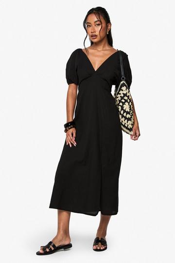 Linen Tie Back Puff Sleeve Midaxi Dress black