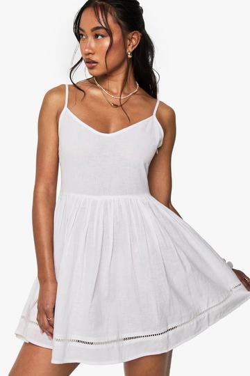 Linen Strappy Crochet Trim Mini Dress white