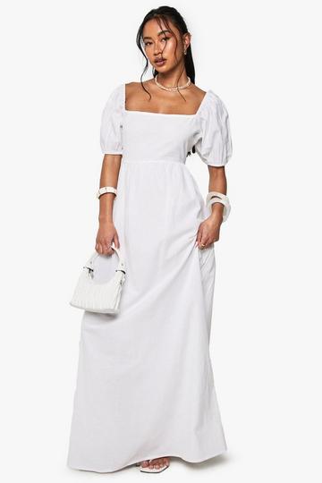 Linen Tie Back Puff Sleeve Maxi Dress white