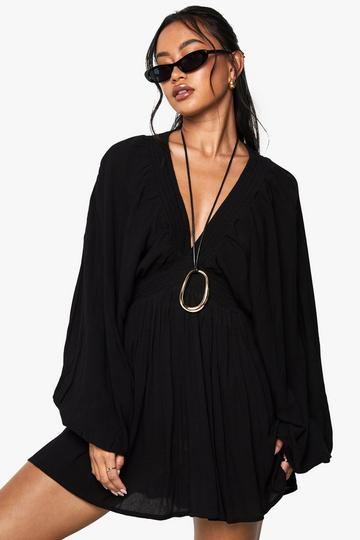 Cheesecloth Plunge Long Sleeve Mini Dress black