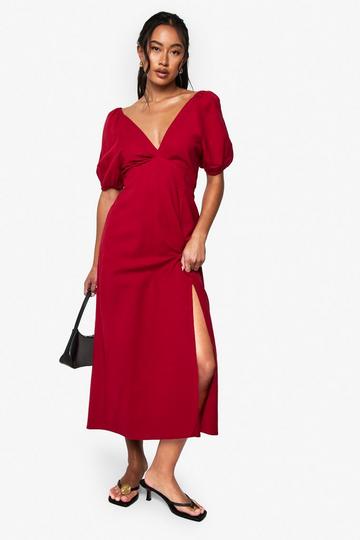 Linen Tie Back Puff Sleeve Midaxi Dress red