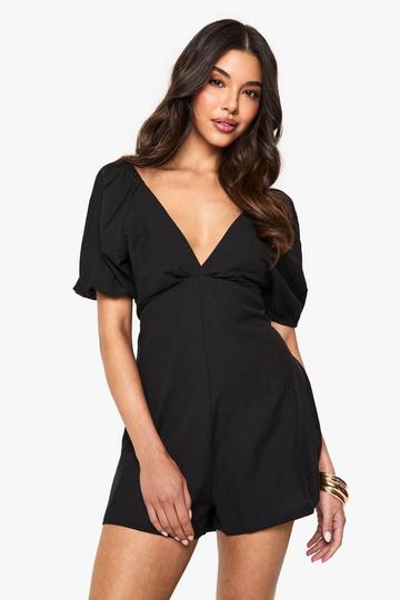 Linen Tie Back Puff Sleeve Playsuit black