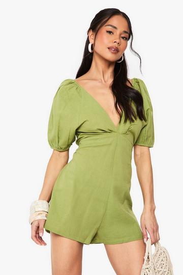 Linen Tie Back Puff Sleeve Playsuit olive