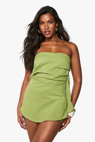 Linen Ruched Bandeau Skort Playsuit olive