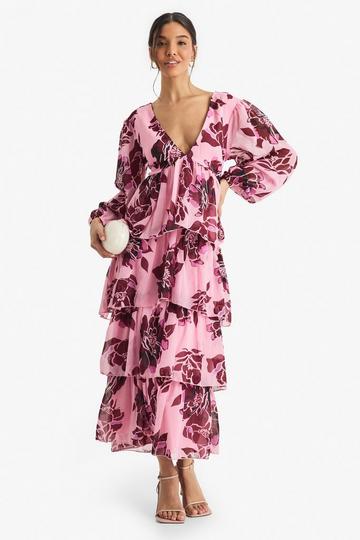 Floral Chiffon Plunge Ruffle Midaxi Dress dusky pink