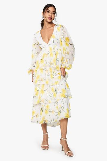 Chiffon Bloemen Maxi Jurk Met Laag Decolleté En Ruches white