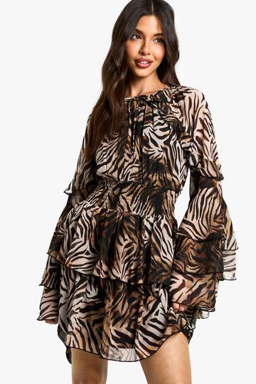Zebra Printed Chiffon Long Sleeve Ruffle Mini Dress brown