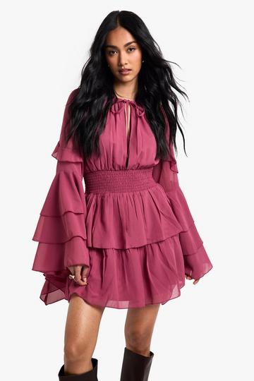 Chiffon Long Sleeve Ruffle Mini Dress rose