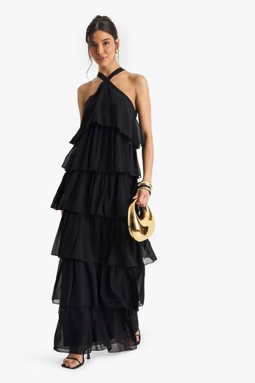 Chiffon Tiered Halterneck Maxi Dress black