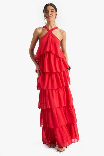 Chiffon Tiered Halterneck Maxi Dress red