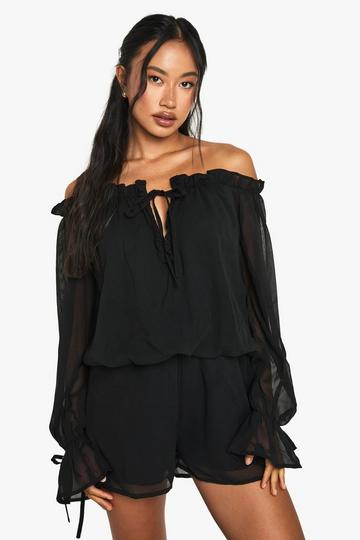 Chiffon Bardot Dropped Waist Playsuit black