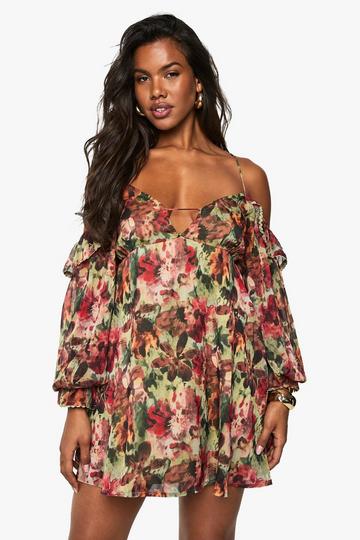 Floral Printed Chiffon Cold Shoulder Layered Mini Dress green