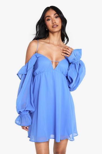 Blue Chiffon Cold Shoulder Layered Mini Dress