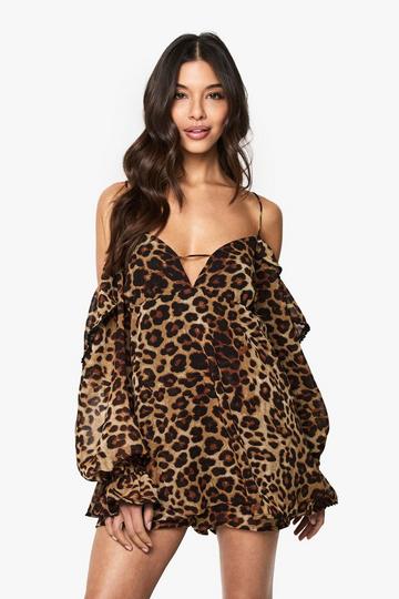 Leopard Chiffon Cold Shoulder Ruffle Playsuit brown