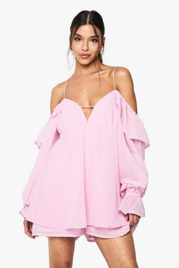 Chiffon Cold Shoulder Ruffle Playsuit pink