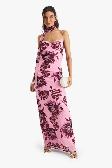 Floral Chiffon Slip Dress with Neck Tie pink