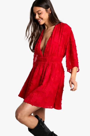 Red Burnout Floral Plunge Skater Dress