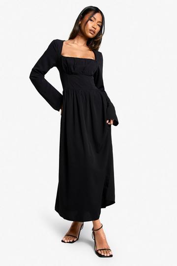 Black Textured Long Sleeve Milkmaid Midaxi Dress