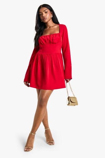 Textured Long Sleeve Milkmaid Mini Dress red