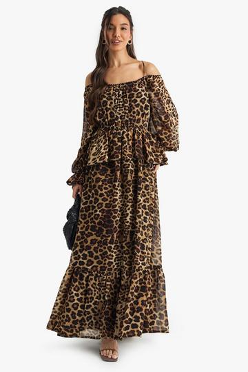 Brown Leopard Chiffon Cold Shoulder Ruffle Maxi Dress