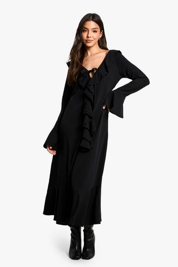 Black Textured Ruffle Long Sleeve Midaxi Dress